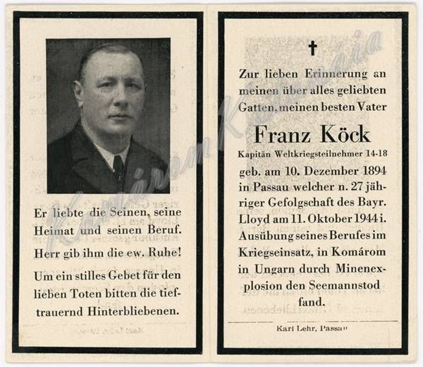 Franz Köck, a Komáromnál elsüllyedt II. világháborús hajó valószínűsíthető vezetője