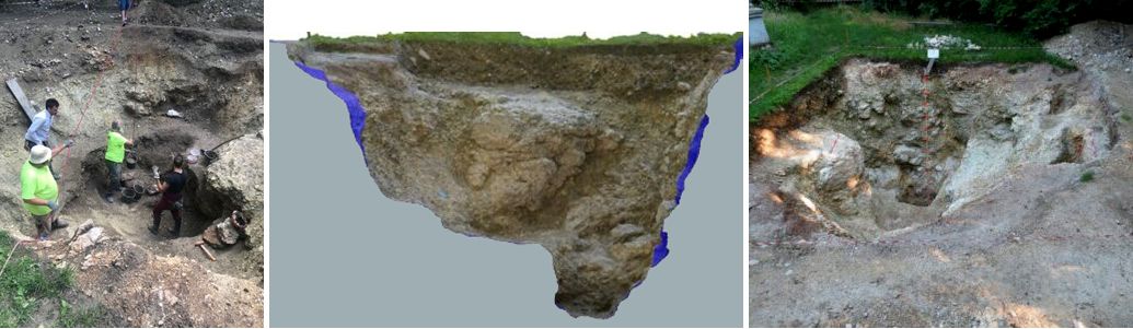 Az üreg feltárása a bakonyi ásatás során, valamint annak 3D fotogrammetriás képe az észak-déli irányú metszetben