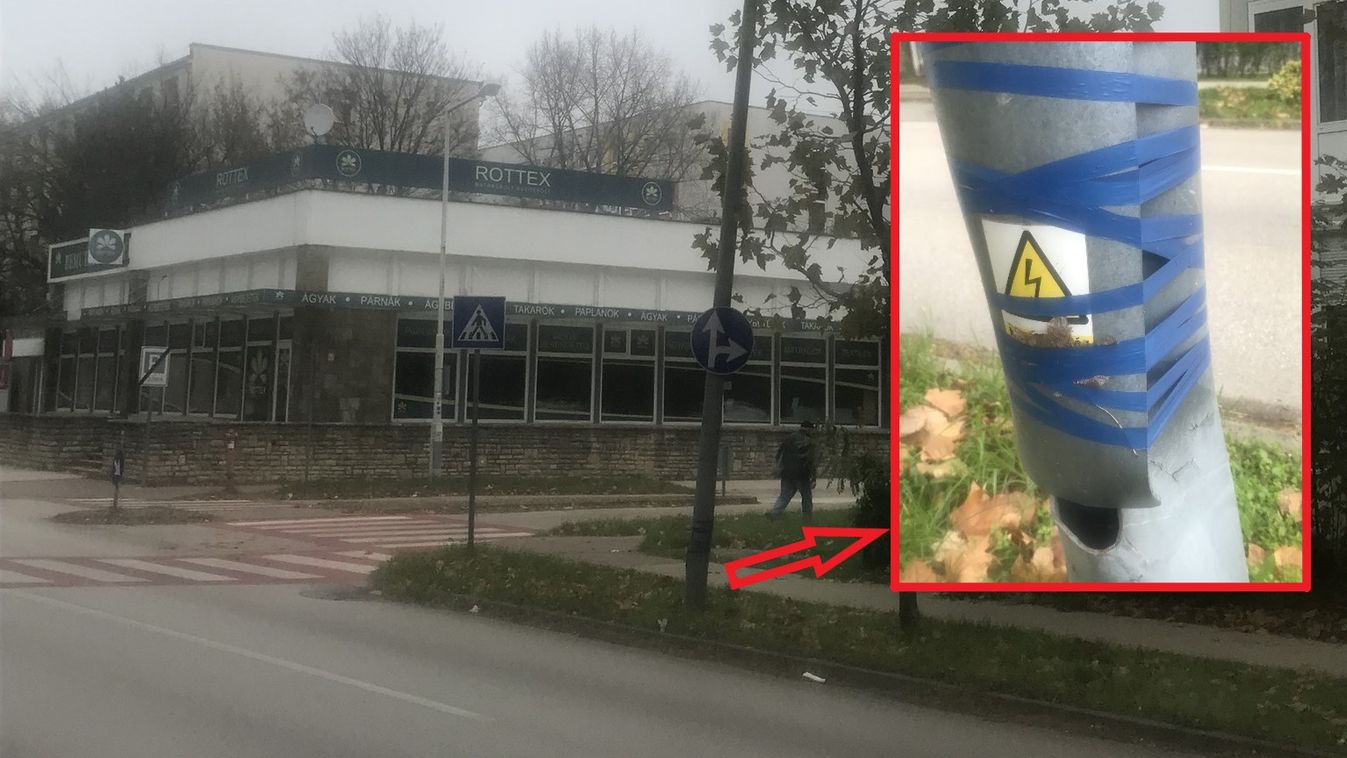 „Jól van az úgy” Tatabányán: szigszalaggal tákoltak össze egy újvárosi villanyoszlopot