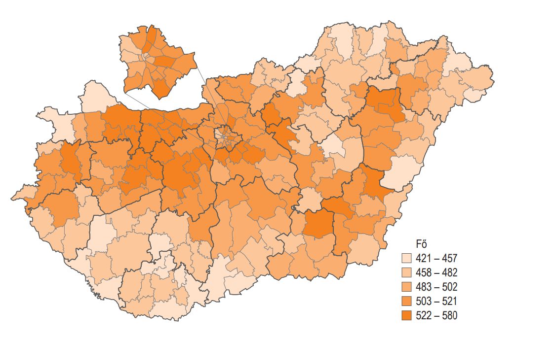 A személyi jövedelemadót fizetők
ezer lakosra jutó száma, 2021