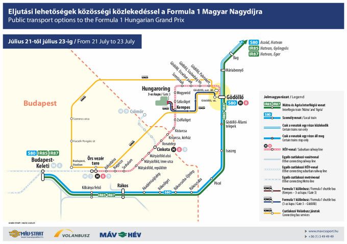 A Hungaroringre a MÁV-csoport tájékoztatása szerint az alábbi útvonalakon lehet eljutni a Keleti pályaudvarról a Forma-1 Magyar Nagydíj 3 napja alatt