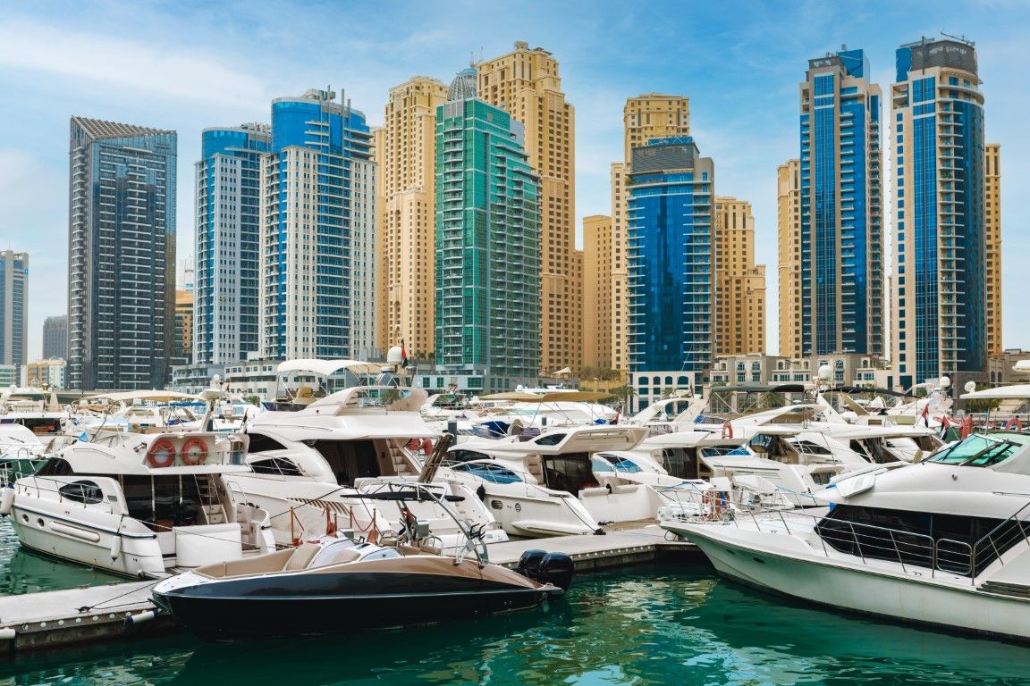 Dubai Marina skyscrapers and port in Dubai, United Arab Emirates