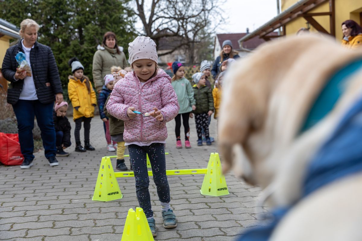 A kutyaterápiás foglalkozás előtt a gyerekek adományt gyűjtenek az állatvédők számára