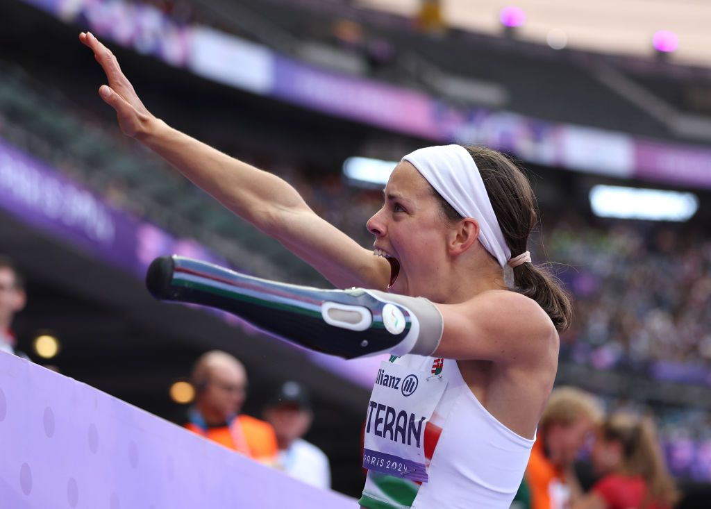 Para Athletics - Paris 2024 Summer Paralympic Games: Day 9
PARIS, FRANCE - SEPTEMBER 06: Petra Luteran of Team Hungary celebrates taking Silver in the Women's Long Jump T47 Final on day nine of the Paris 2024 Summer Paralympic Games at Stade de France on September 06, 2024 in Paris, France. (Photo by Fiona Goodall/Getty Images for PNZ)