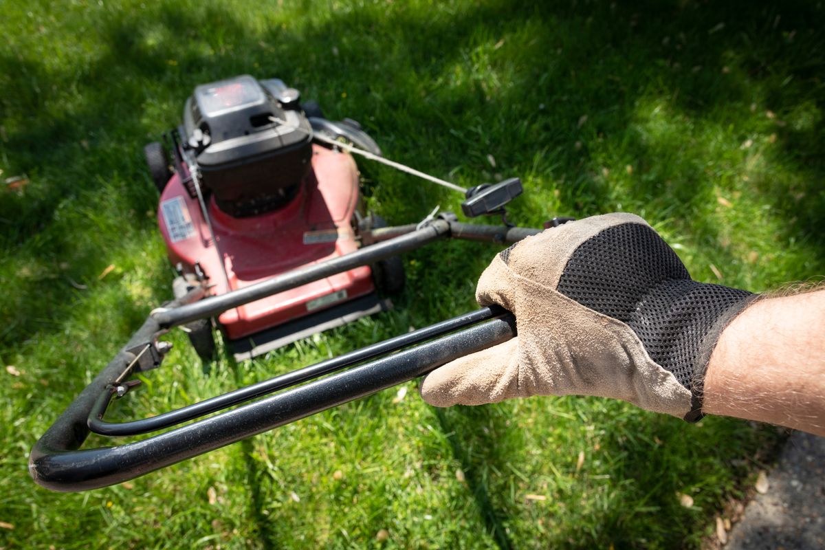 Hand,In,Glove,Pushing,Lawnmower,Through,Green,Grass. fűnyírás vasárnap