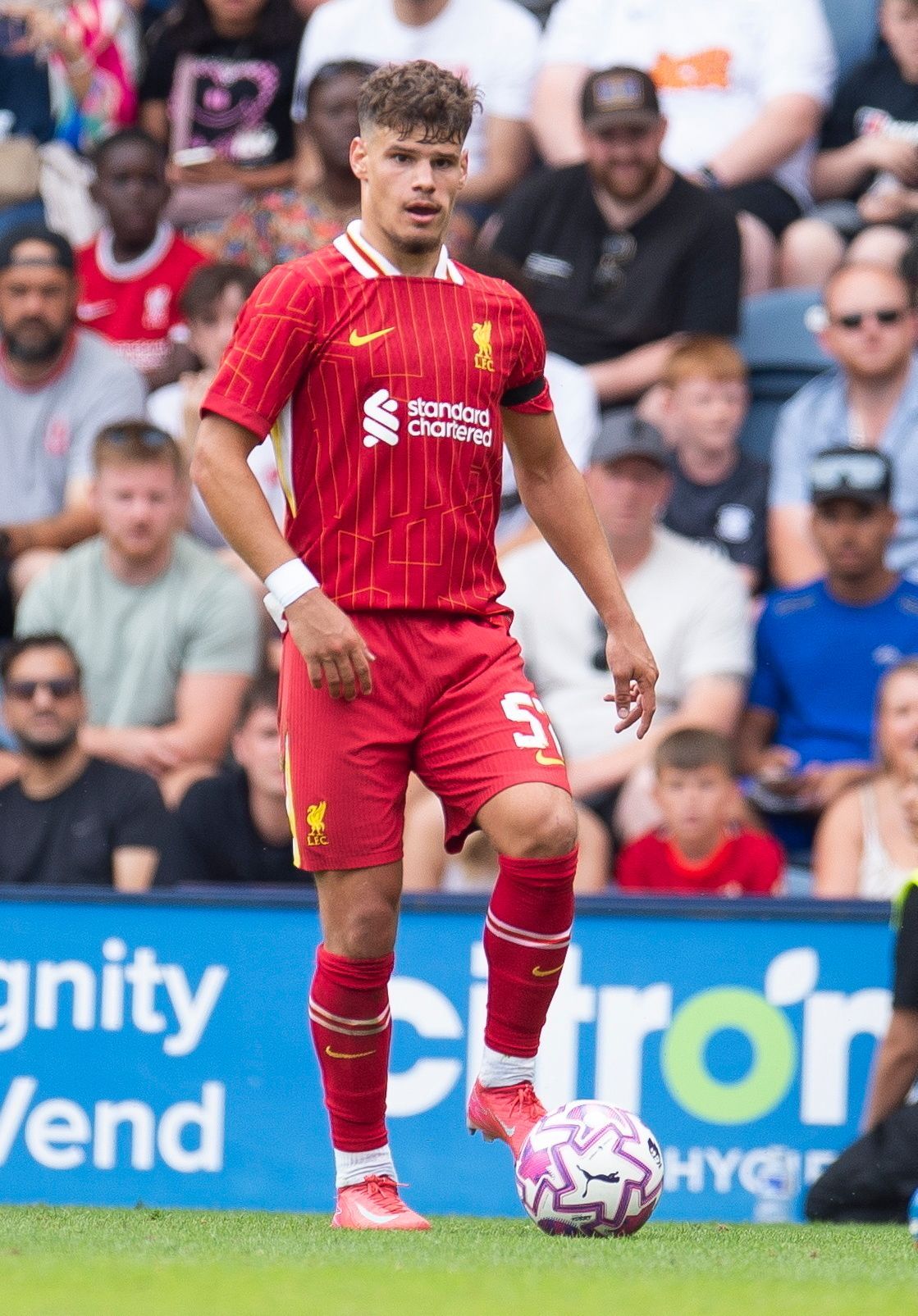 Kerkez Milos, a Liverpool új játékosa a Preston North End és a Liverpool barátságos labdarúgó-mérkőzésén Prestonban.